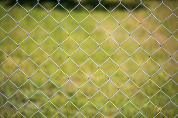 Close-up of metal chain link fence with blurred green background.
