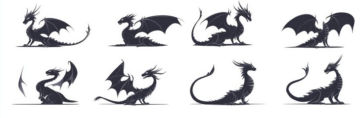 Modern silhouette of a black and white Chinese dragon tattoo set icon