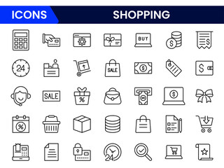 Vibrant vector web line icons depicting shopping essentials, e-commerce, retail, carts, payments, and dynamic consumer experiences online.