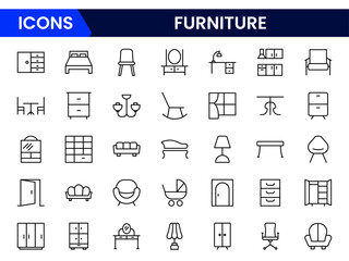 Modern vector web line icons showcasing furniture design, home decor, interior styling, and functional living space solutions.