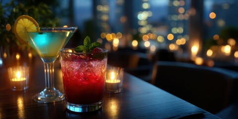 Cocktails served at a stylish rooftop bar with city lights glowing at night