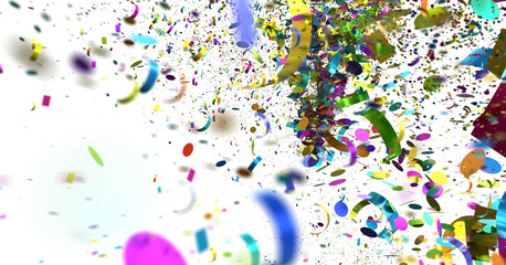 Vibrant confetti bursts across white background. Ideal for celebration, party, and festive designs.