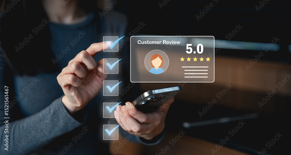 Poster a person using a smartphone interacts with a virtual customer review and checklist, highlighting a 5