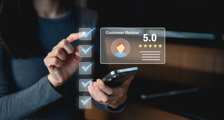 A person using a smartphone interacts with a virtual customer review and checklist, highlighting a 5-star rating.