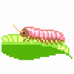 pixel art caterpillar on leaf retro digital nature scene
