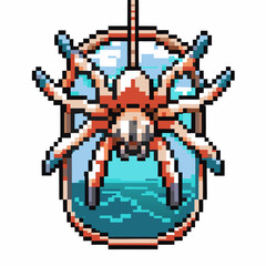 Fototapeta premium Pixel art spider hanging on web, vibrant retro video game
