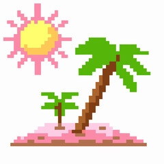 Obraz premium Pixel art tropical island with palm trees and sun in retro video game