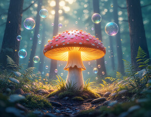 Prism Forest, a glowing mushroom that releases rainbow bubbles into the sky