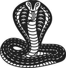 Fototapeta premium Illustrated cobra with raised hood in striking pose black and white vector art of a snake
