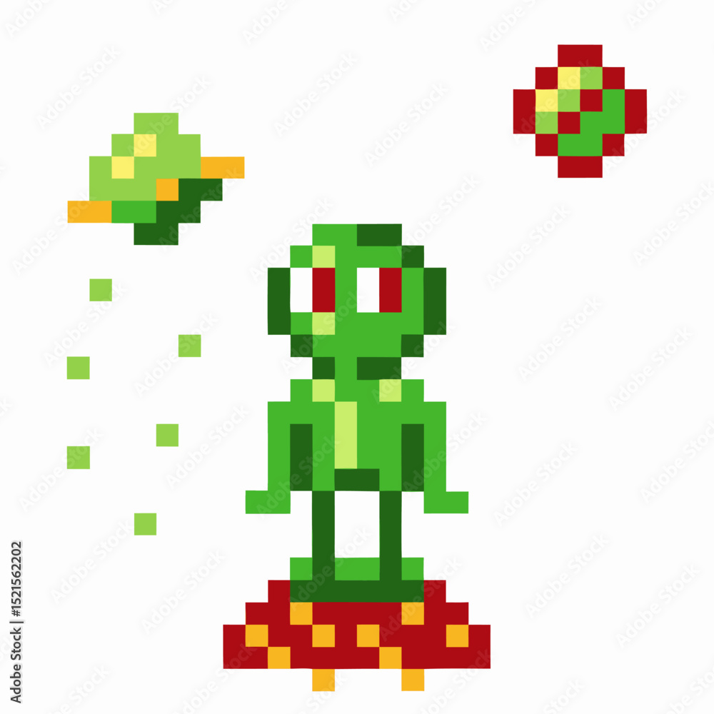 Poster pixel art alien with ufo and planet retro arcade game style, green alien character, spaceship, and c