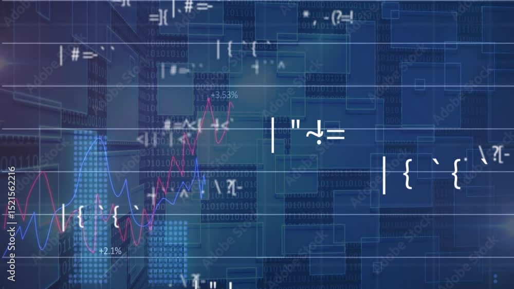 Poster on start flat data interface animating frames while code symbols drifting and charts plotting data