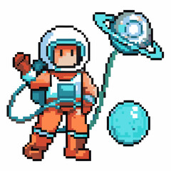 Obraz premium Pixel art astronaut with planet and tether retro space exploration, orange suit, cosmic adventure, blue sphere