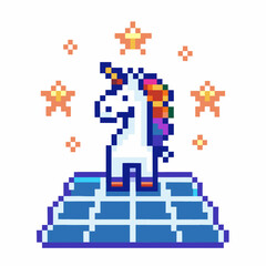 Fototapeta premium Pixel unicorn on blue platform with shining stars retro digital art, vibrant colors, mythical creature
