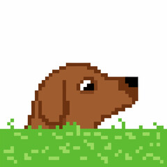 Obraz premium Pixel art brown dog peeking from grass retro digital pet, playful canine in nature