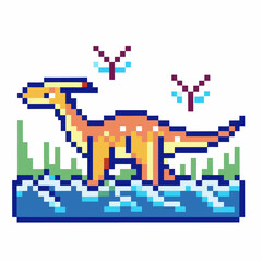 Fototapeta premium Pixel art dinosaur in prehistoric landscape with dragonflies