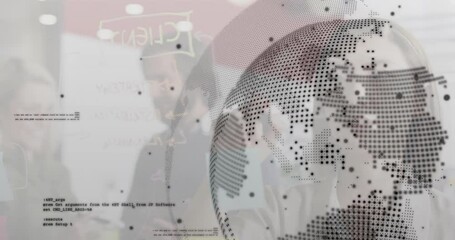 Team sketching CLIENT business plan on board driving code translucent map layers checking tablet - Powered by Adobe