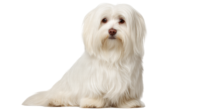 Maltese dog isolated on transparent background with long white fur and dark eyes