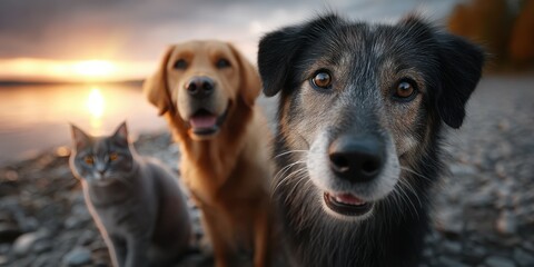 Three pets posing together at sunset by the water