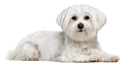 Maltese dog isolated on transparent background lying down calmly with soft white fur