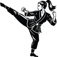 Silhouette of Female Martial Artist Performing High Kick – Karate or Taekwondo Vector