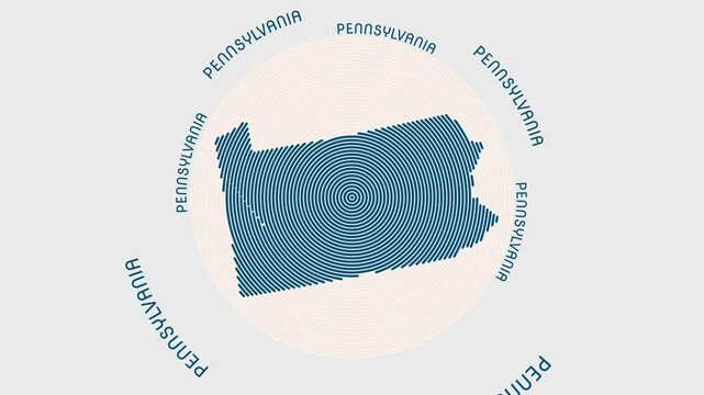 Pennsylvania shape with dynamic circles visual effect. Animation of Pennsylvania logo appearing from rotating rings and state name around the shape. Intro, opening, closing, logo video.