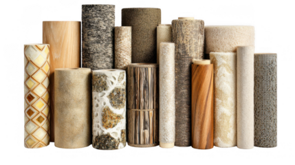 Displaying various rolled up floor covering samples, including wood effect vinyl, carpets, and linoleum, on a transparent background for interior design projects