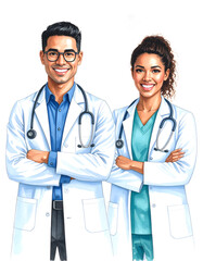 Fototapeta premium Two happy, confident young medical professionals, a male and a female, stand smiling with arms crossed, ready to help patients