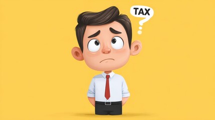 A confused man in business attire wonders about taxes, with a thought bubble containing the word "TAX" on a yellow background.