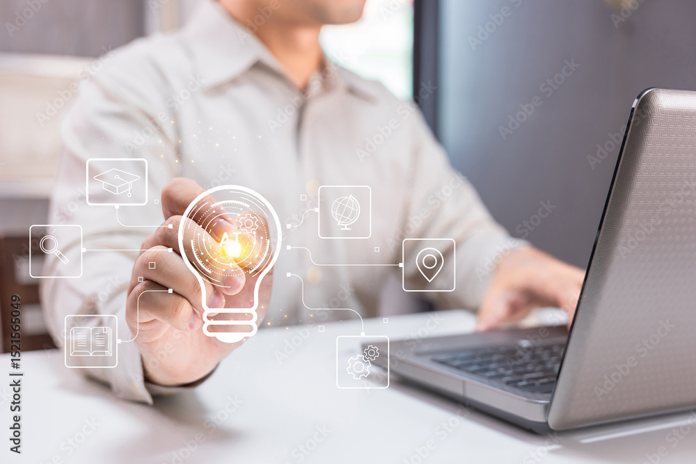 Poster a person interacts with virtual icons on a transparent screen while working on a laptop, symbolizing