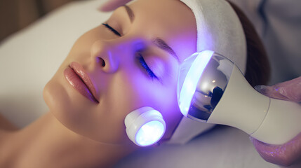 Naklejka premium Woman Receiving Skin Treatment with LED Light Therapy in Spa or Clinic Setting