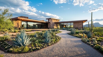 Elegant desert home with native landscaping and architectural sophistication in natural light