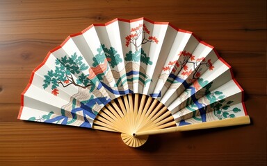 Traditional Japanese folding fan on a wooden surface, a decorative accessory showcasing oriental design and cultural patterns. High quality