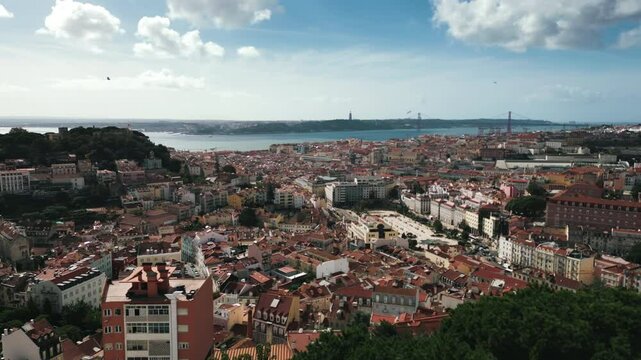 Drone shot overlooking Lisbon