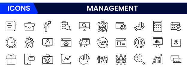 Streamlined vector web line icons showcasing management concepts, leadership, teamwork, organization, strategy, and efficient business operations.