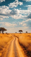 Obraz premium Scenic Dirt Road Through African Savannah with Acacia Trees Under Dramatic Sky