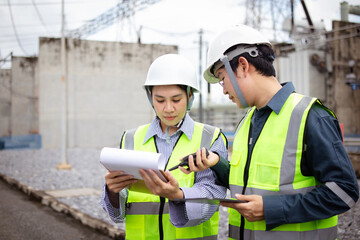 Two engineers are working at high voltage substation wearing safety helmets and reflective vests while reviewing documents and using walkie talkie to ensure safety and coordination