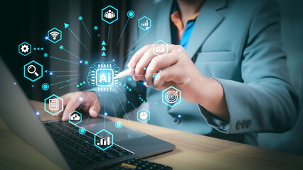 AI Technology. Businessman touch brain working data and Algorithm of Artificial Intelligence in the future business and coding software development synchronize network connection, Data science.