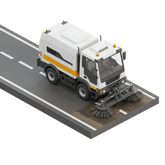 Isometric white street sweeper truck