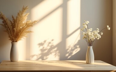 Sunlit wooden table with minimalist decor, flowers, and copy space. High quality