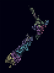 Obraz premium New Zealand, shape of the country built of colored cells. Digital style map of New Zealand on dark background. Small size circle blocks. Beautiful vector illustration.