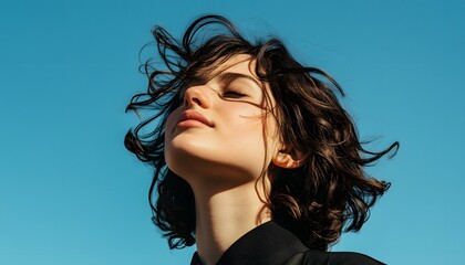 Naklejka premium Close-up portrait of a young woman with expressive features and windswept hair against a vibrant blue sky.
