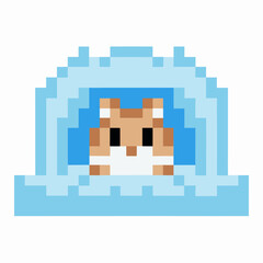 pixel art hamster in blue arctic setting retro gaming style, cute pixelated animal illustration
