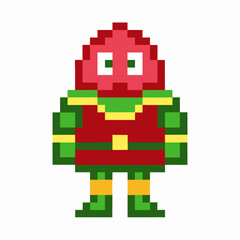 Pixel art character in red and green outfit with pixelated design