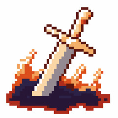 Fototapeta premium pixel sword in fiery lava retro gaming icon, adventure fantasy weapon, 8 bit art design, pixelated