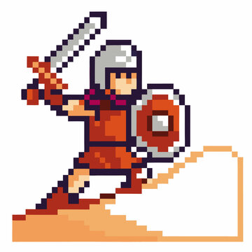 Fototapeta Pixel art warrior knight with sword and shield, retro video game character on stairs