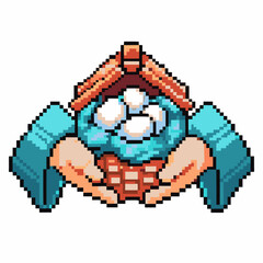 Pixel art hands holding a cloud, symbolizing digital storage and technology connectivity