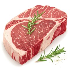 Fresh raw beef steak with rosemary on a white background