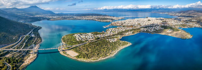 Panoramic aerial view of the new Evripus suspension bridge connecting the mainland and the city of Chalkida, Euboea island, Greece