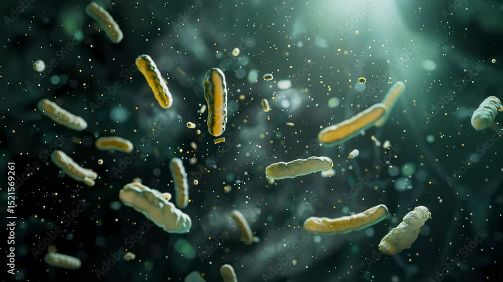 Poster microscopic view of bacteria cells floating in a fluid, detailed 3d render