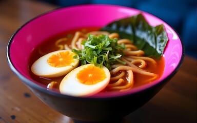 Neon Ramen Bowl  Vibrant Noodles  Egg  Soup. High quality